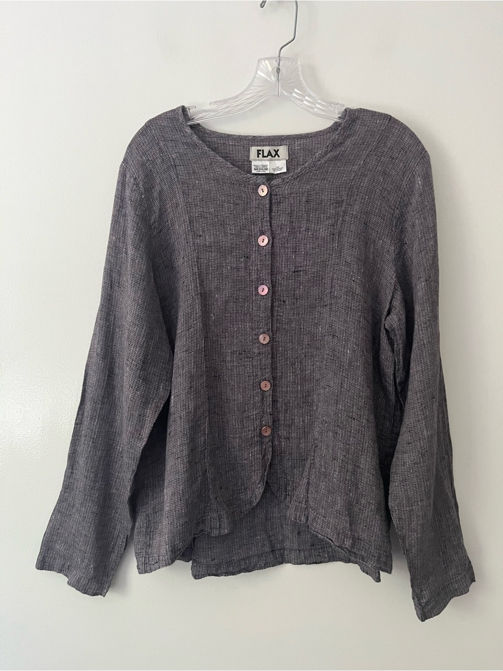 Flax 100% Linen Button Down Shirt Long Sleeve Boxy Lagenlook Boho Purple Gray M